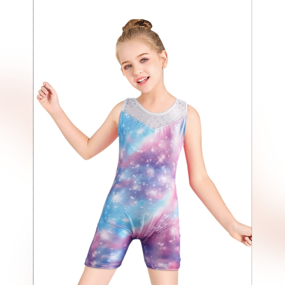 Galaxy Print Girl's Gymnastics Sleeveless Leotard NWT Size: 130 = US Sz: 6 - 7